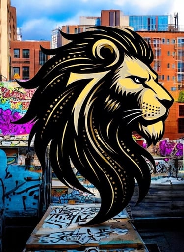 Stylized golden lion head with a “7” in the mane over a colorful graffiti background.