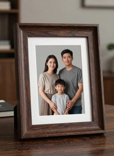 A handcrafted dark wood photo frame featuring a family portrait, set in a modern North American living room, minimalist style.