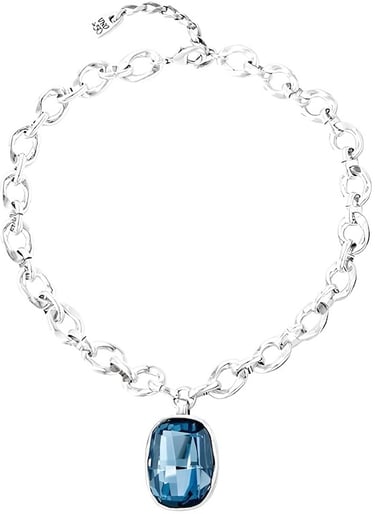 Unode50 Short necklace with elabones chain interlaced in silver-plated metal and finished with a large blue crystal 