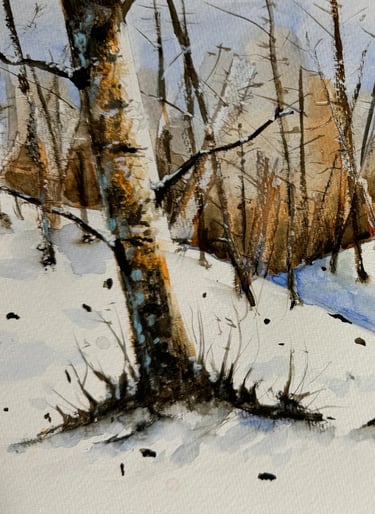a painting of a forest full of snow