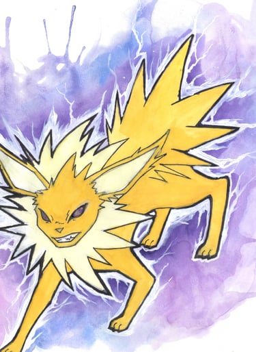 watercolor paining of jolteon. pokemon first gen.