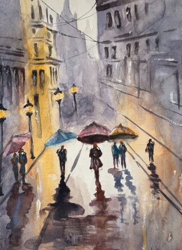 a painting of people walking down a street on a rainy day