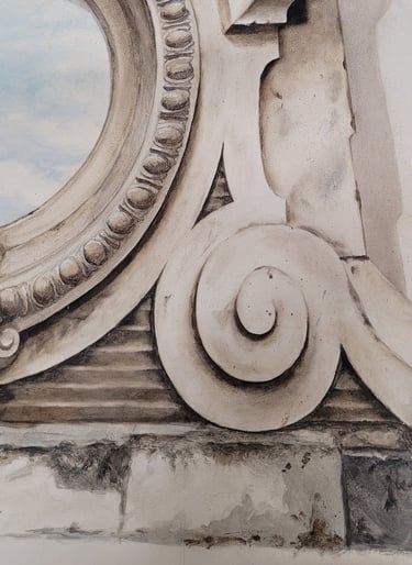 Détails d'un décor peint en trompe-l'oeil, imitation de matière, fausses moulures.