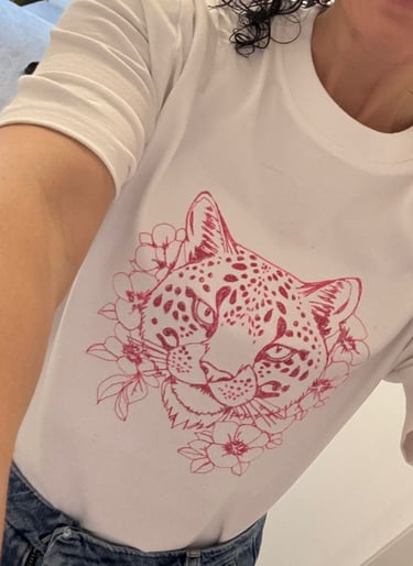 beautiful cheetah big cat thread artwork in pink on a white tshirt
