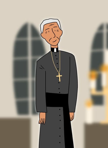 a cartoonish priest with a cross - eyed face. By Diane Mulolo Faida
