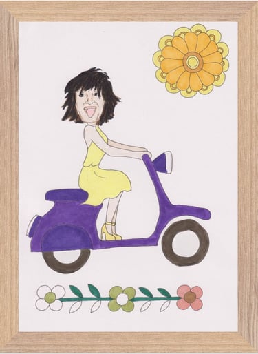 portrait femme sur vespa style BD couleur