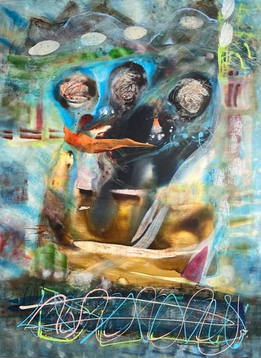 Group hug. — abstract acrylic painting with muted tones and layered muted abstract forms.