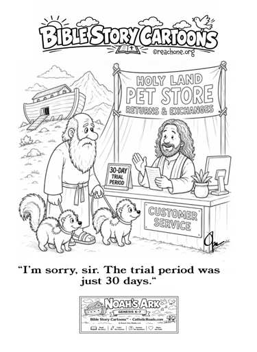 B&W cartoon by Opa about Noah’s Ark and the Bible story