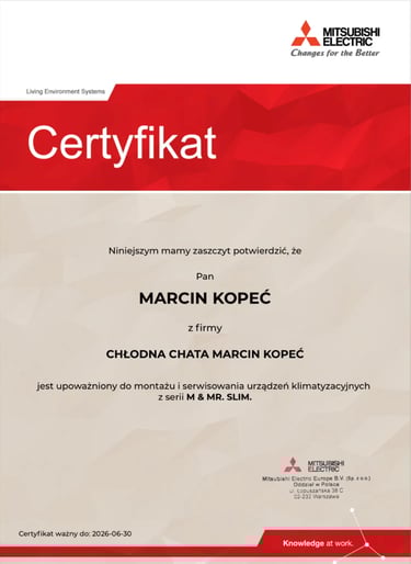 Certyfikat upoważniający do montażu i serwisowania urządzeń klimatyzacyjnych firmy Mitsubishi 