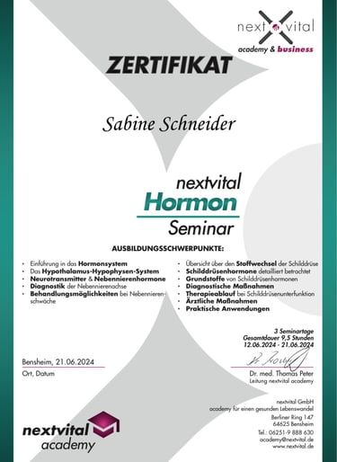 Zertifikat „Hormon-Seminar – Female Balance“ der NextVital Academy – Fachwissen über hormonelle Regu