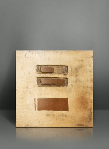 Minimalist mixed media abstract painting with gold leaf texture and rectangular brown earth tones.
