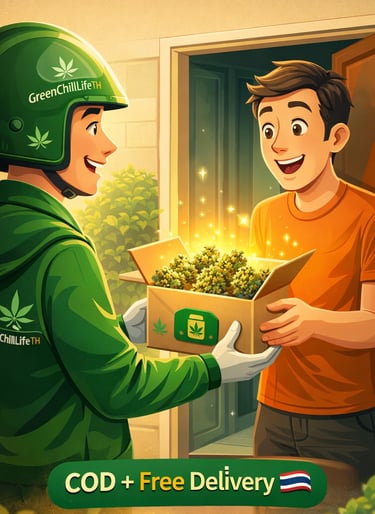 Discreet cannabis delivery in Thailand arriving at modern apartment, representing service for travelers and expats in Bangkok