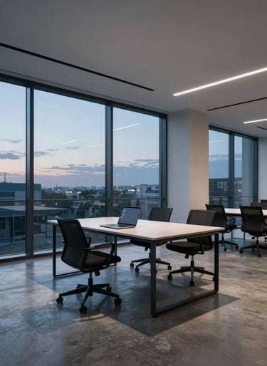 Wide architectural shot of a minimalist office interior at dusk, a single open laptop on a long desk, cool northern daylight through floor-to-ceiling windows, empty chairs, hard shadows across a concrete floor