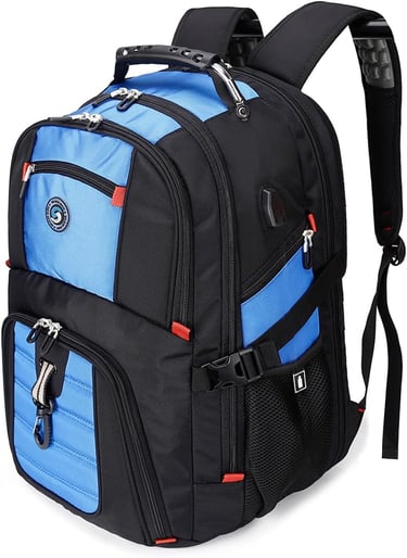 Durable blue and black laptop backpack with multiple compartments and USB charging port for travel and school.