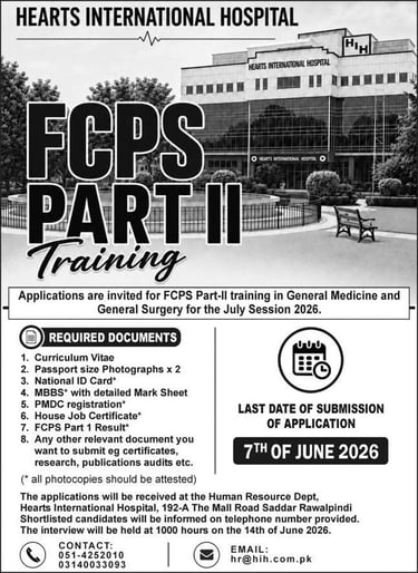 Hearts International Hospital FCPS Part II training advertisement for medical residency in General Medicine and General