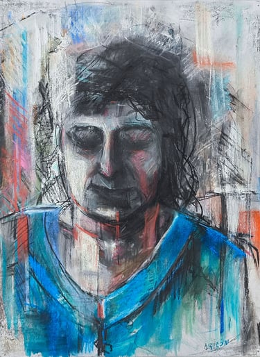 Mari Luz pensativa, pastel y carboncillo del artista Argi Girón. Portrait, thinking, charcoal, art