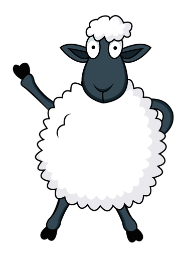 Cute cartoon sheep with fluffy white wool and a black face waving its hoof.