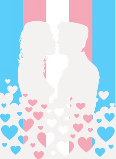 Transgender Pride flag design with a female and male kissing silhouette