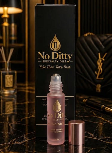 No Ditty 25% Extrait/Parfum | Pure oil bottle and packaging display, featuring Jojoba oil base and luxury branding.