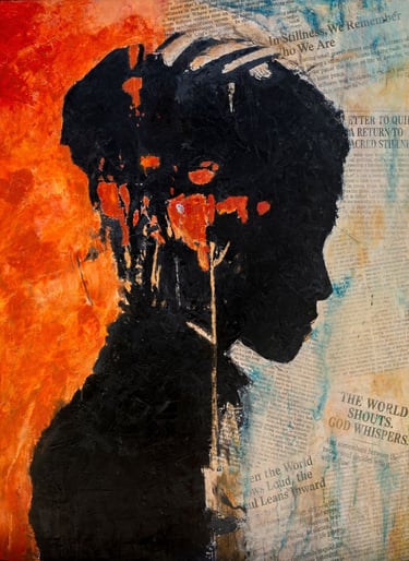 Faith inspired art by Martin Osner titled Be Still, textured silhouette with script symbolising stillness and faith