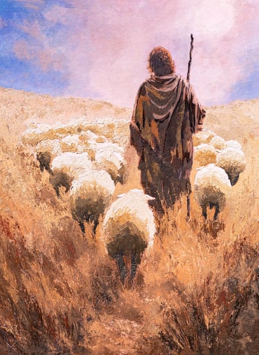 Faith inspired art by Martin Osner of a shepherd leading sheep, symbolising guidance, protection and faith