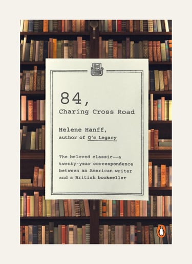 Book cover of 84, Charing Cross Road by Helene Hanff featuring a library bookshelf background.