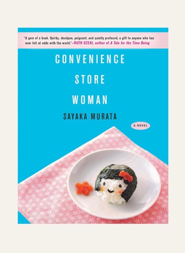 Book cover of Convenience Store Woman by Sayaka Murata featuring a cute onigiri rice ball on a plate.