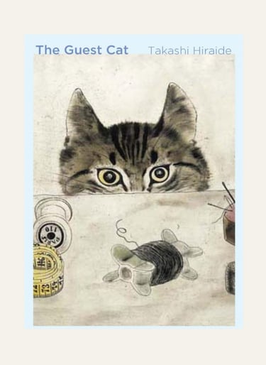 Book cover for The Guest Cat by Takashi Hiraide featuring an illustration of a tabby cat peeking over sewing supplies.