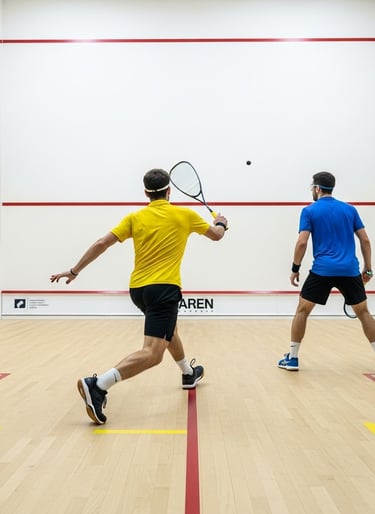 two men playing squash in a squash court