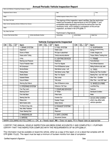 Truck maintenance and compliance checklist used for annual FMCSA file review