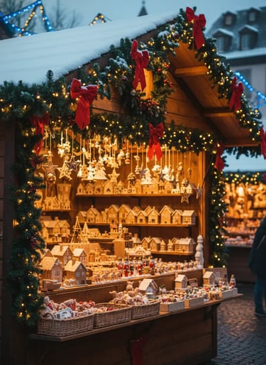 Traditional Colmar Christmas market stall decorated with lights, wooden ornaments, and festive green