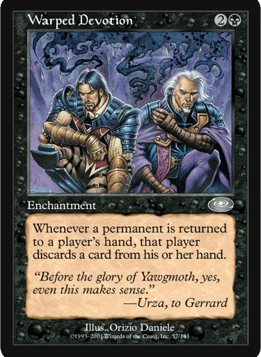 Magic: The Gathering Warped Devotion black enchantment card featuring Urza and Gerrard with dark smoke.