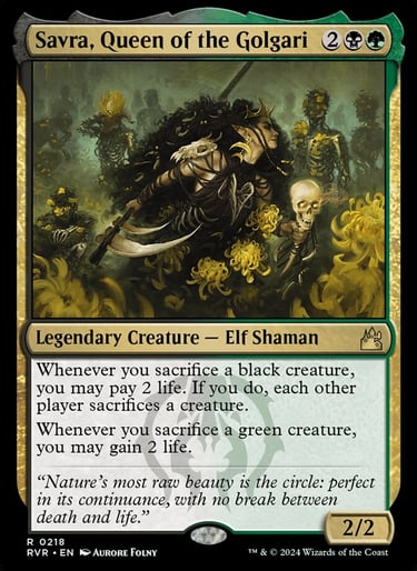 Savra, Queen of the Golgari, a powerful elf shaman in Magic: The Gathering, stands amidst skeletons and green foliage