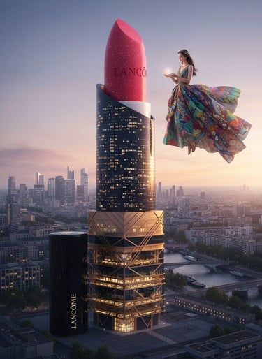 Surreal Lancôme lipstick skyscraper in a city skyline with a floating woman in a floral gown.