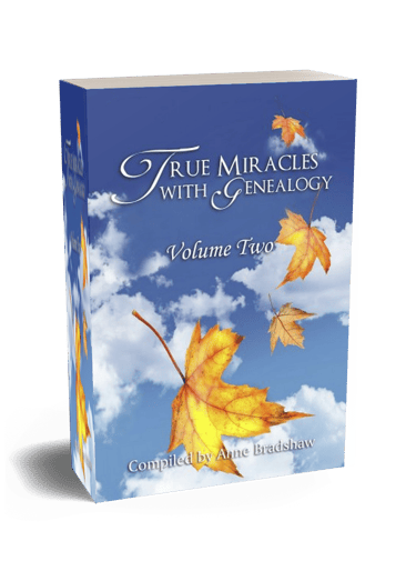 True Miracles with Genealogy Volume Two blue gold cover with floating leaves.