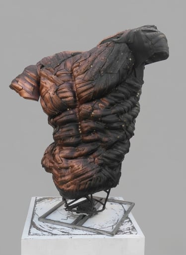 Sculpture made by recycling old bicycle tyres over a welded steel frame. Recycled sculpture