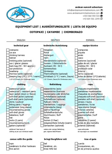 Equipment List Cotopaxi Chimborazo