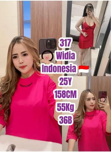 Indonesian woman in pink t-shirt and red nightgown posing for mirror selfies.