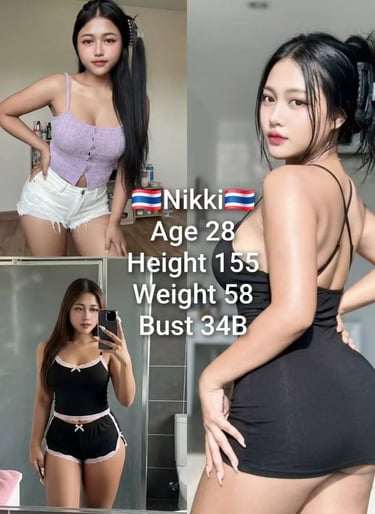 bukit indah Thai fitness model Nikki posing in stylish casual outfits including a black mini dress.