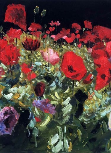 Expressief schilderij met bloemen en krachtige kleuren
