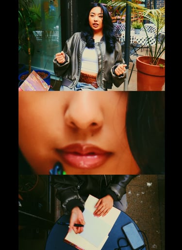 a picture of 3 shots of a Filipino girl in a video production