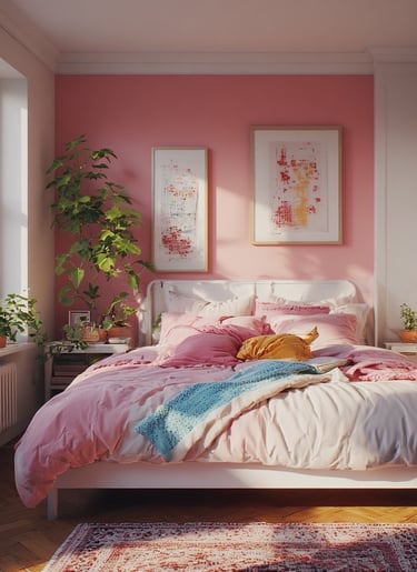 Rose pink accent wall in a bright modern bedroom