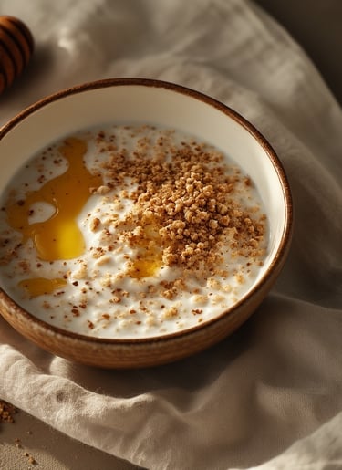 Creamy textured bath with neutral tones, a honey dipper and soft towels.