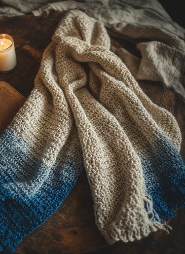 Gradient crochet scarf transitioning from cream to deep blue, draped across rustic table
