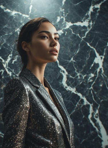 Model in a structured blazer with hyper-sculpted shoulders, metallic fabric, and cinched waist. 