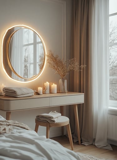 Softly lit vanity table beside a wardrobe. Neutral walls, gold mirror