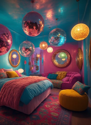 Funhaus Bedroom illuminated by oversized disco-ball pendant lights and colorful globe lamps.