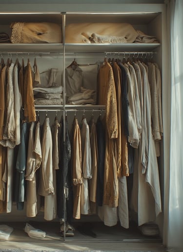 aesthetic open wardrobe with neutrals hanging evenly spaced.