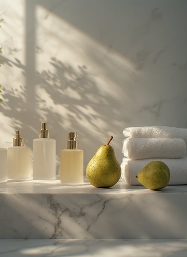 Minimalist bathroom shelf vignette with frosted perfume bottles, white towels, and a fresh pear 