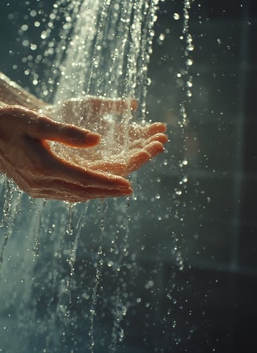Misty shower scene with focus on hands catching cool water. 